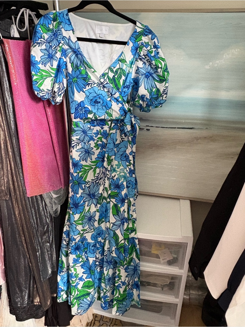 Sugarlips White Maxi Dress with Blue Floral & Green Leaves